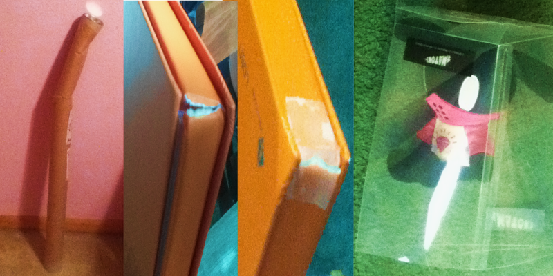 Left: Two very bent B.A.P "Unplugged" posters. Center: B.A.P "Crash" album with ripped corners. At least someone at the postal service taped it after it apparently crashed? Right: Tatsmato had a rough journey in a very smashed box.